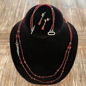 Handcrafted Burnt Red Beaded Double-Strand Necklace, Bracelet and Earrings Set